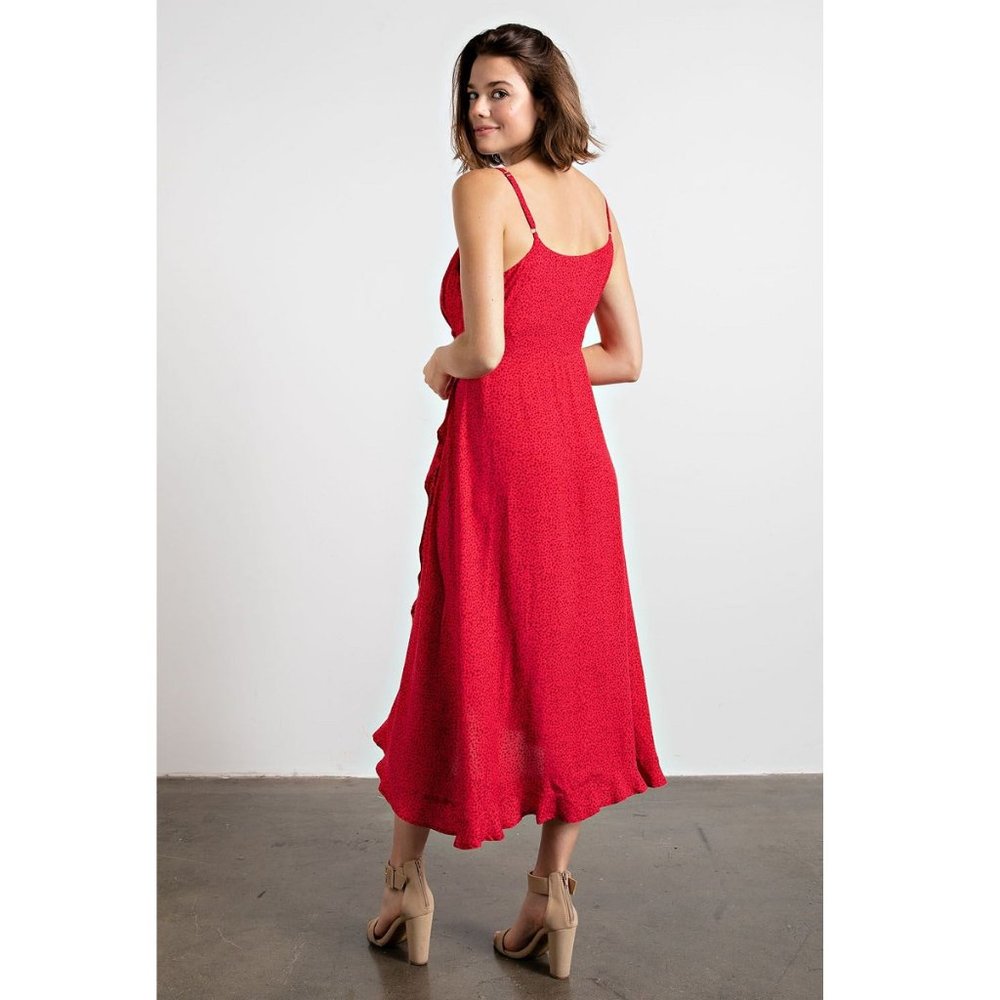 Spaghetti Strap Wrap Dress Adjustable Strap Ruffle Hem Maxi - Raspberry Red - Picture 8 of 11